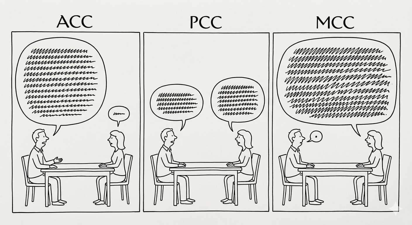 New Yorker-style three-panel cartoon labeled ACC, PCC, and MCC: in each panel two people sit at a table, and the coach's speech bubble shrinks from enormous in ACC to a single dot in MCC while the client's speech bubble grows to fill the frame