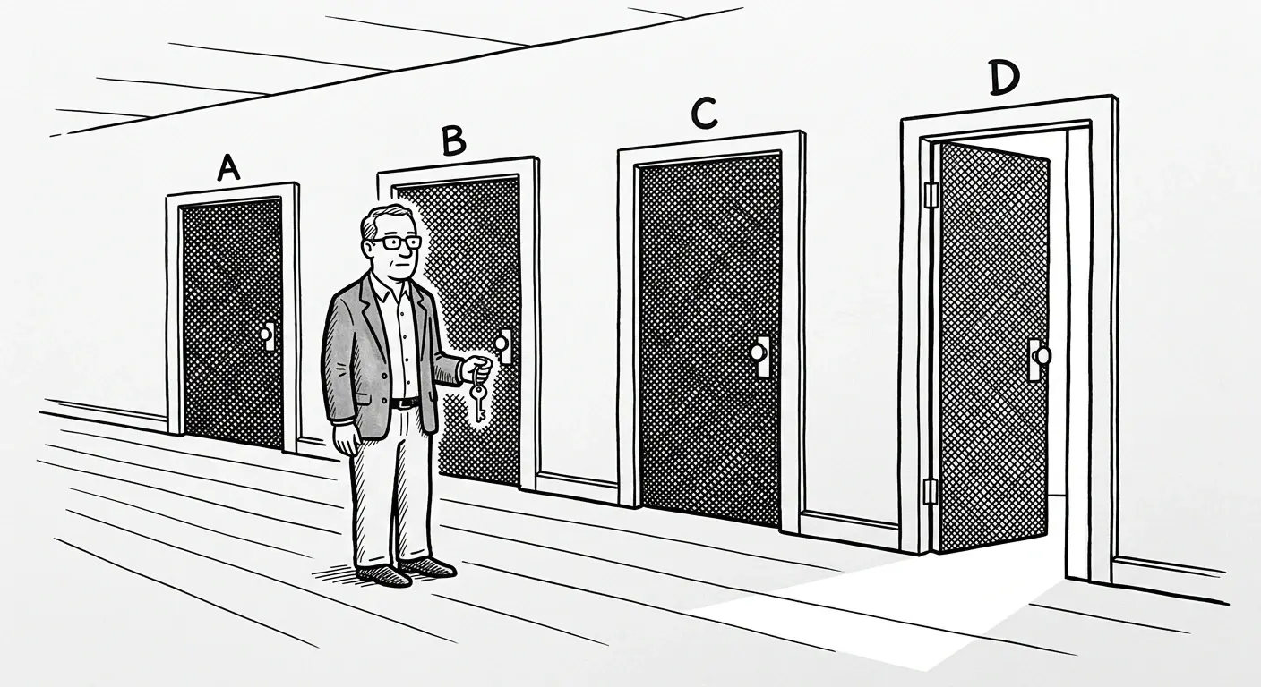 New Yorker style pen and ink cartoon in the style of Paul Noth: thick bold simple lines, deadpan understatement. a first-time exam candidate stands at a fork in a hallway holding a single door key, facing four identical doors labeled A, B, C, D, with only one door slightly ajar showing a sliver of light. Strict black and white line drawing only, no color.
