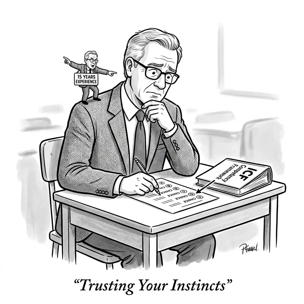 New Yorker style pen and ink cartoon in the style of Liana Finck: quirky simple lines, notebook-style with feminine anxiety. a coach examining a transcript scroll through a magnifying glass while floating competency badges hover above, visible to the viewer but not the coach. Strict black and white line drawing only, no color.
