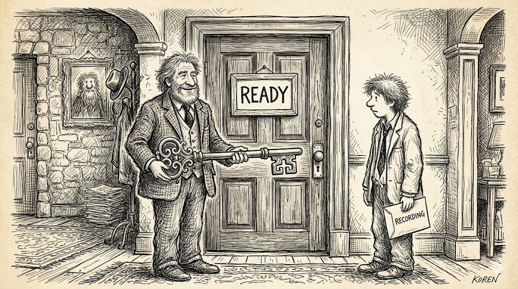 A mentor coach holding an oversized skeleton key stands before a door labeled "READY" while a candidate holds an envelope labeled "RECORDING