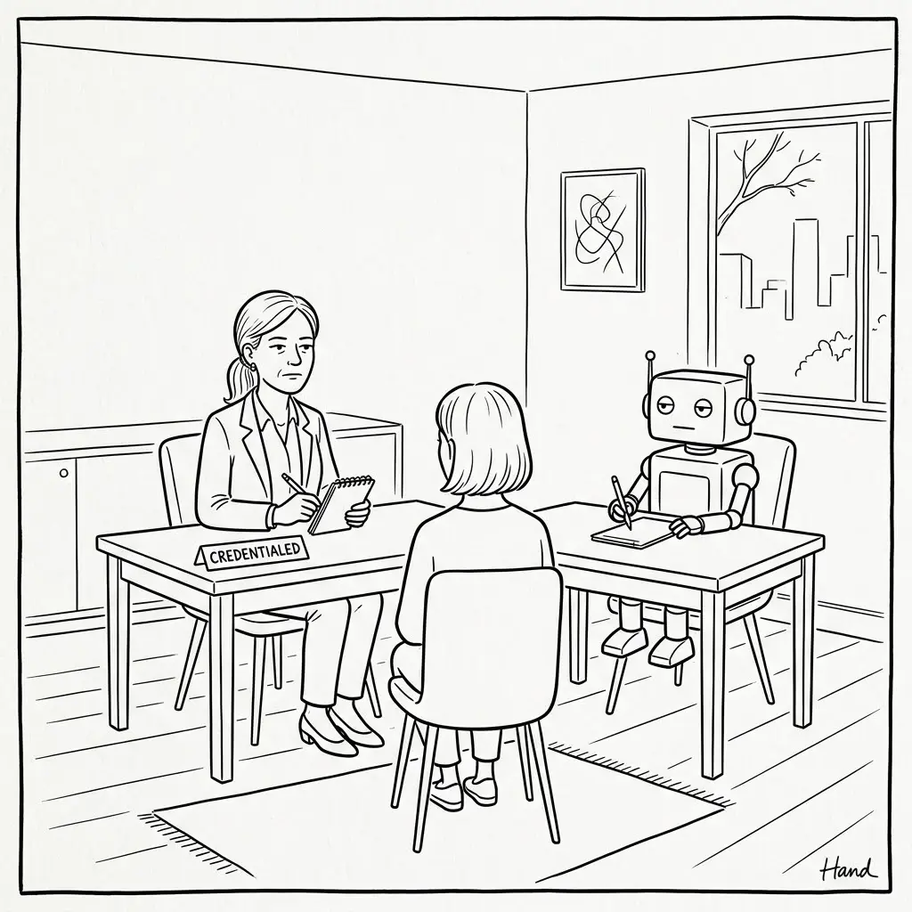 New Yorker style pen and ink cartoon in the style of Will McPhail: clean confident contour lines, minimal contemporary character design, dry deadpan expressions, generous negative space, no crosshatching. A human coach and a small tidy robot coach sit at two identical desks facing the same client, the human's desk has a small plaque reading Credentialed, both wear the same mildly unimpressed expression. Strict black and white line drawing only, no color.