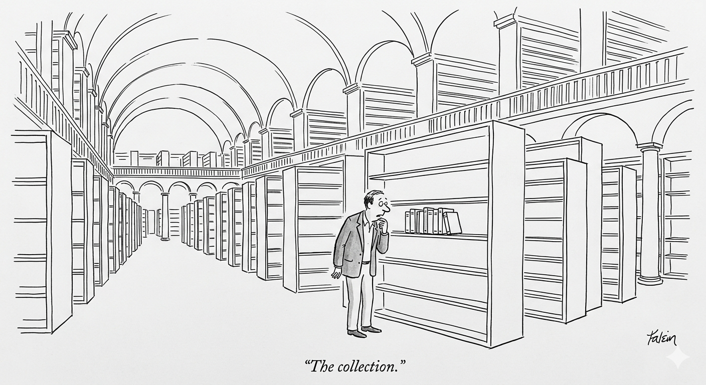 New Yorker-style cartoon of a professional in a blazer standing in a cathedral-sized library with floor-to-ceiling empty shelves stretching into the distance, staring with mild alarm at one short shelf holding exactly eight thin books