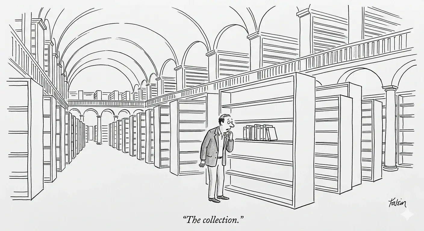 New Yorker style pen and ink cartoon in the style of Charles Barsotti: minimalist single-line drawing with deadpan understatement. a professional in a blazer standing in a cathedral-sized library with floor-to-ceiling empty shelves stretching into the distance, staring with mild alarm at one short shelf holding exactly eight thin books. Strict black and white line drawing only, no color.
