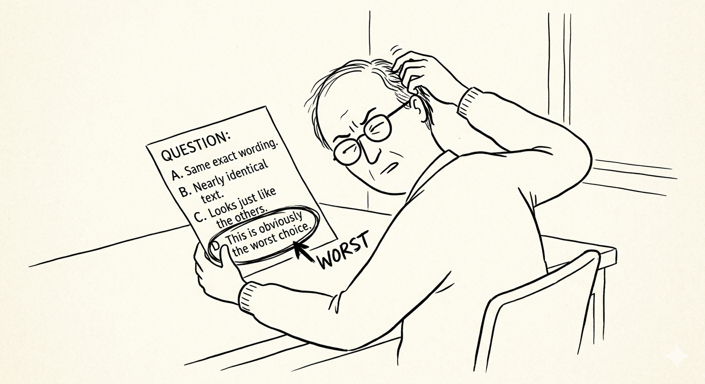 New Yorker-style cartoon of a confident coach striding toward a door labeled "Ethics Questions: Easy" while a trapdoor labeled "Edge Cases" opens directly in front of them
