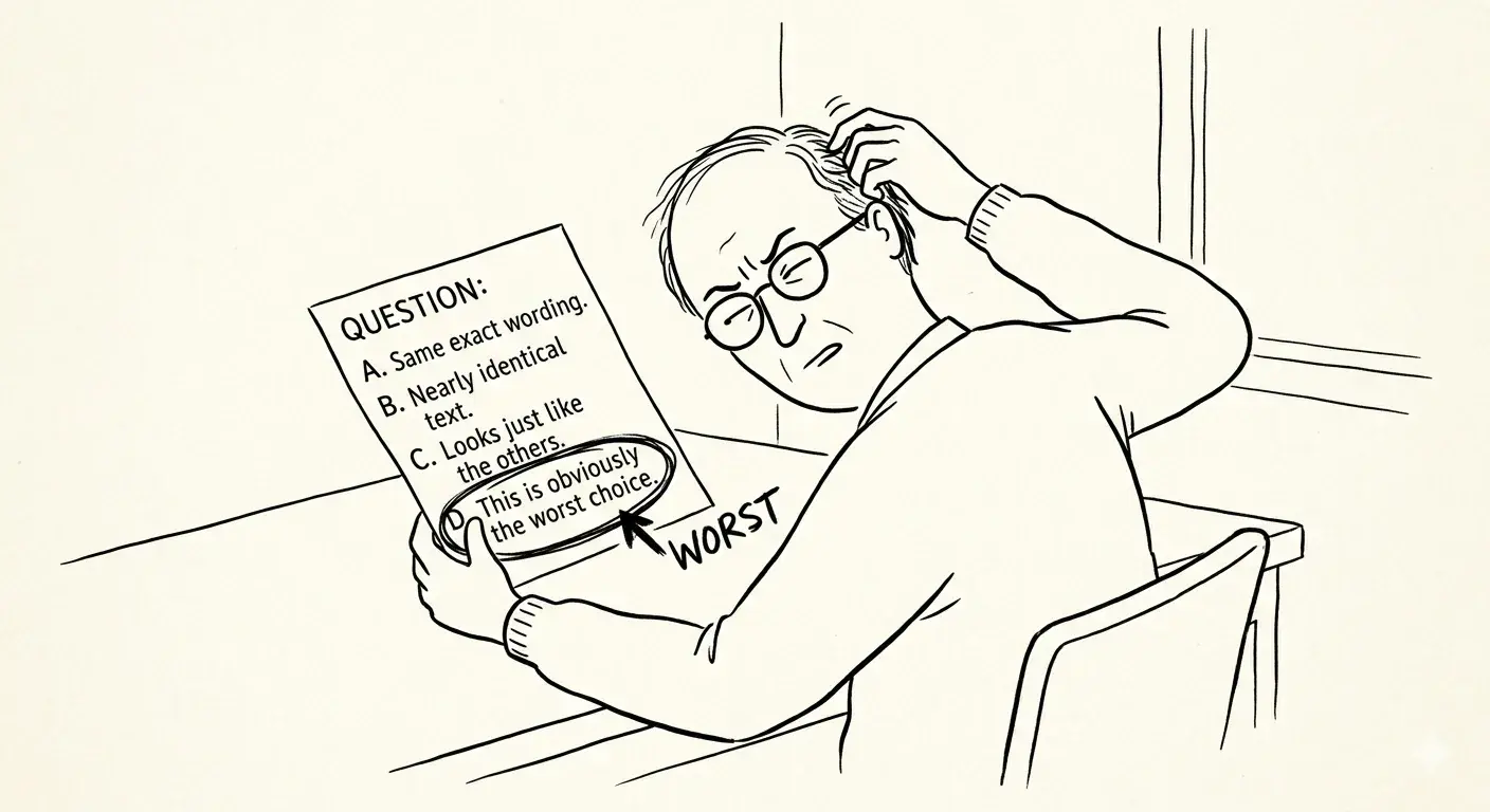 New Yorker style pen and ink cartoon in the style of Farley Katz: thick simple line, physical sight gag. a confident coach striding toward a door labeled Ethics Questions Easy while a trapdoor labeled Edge Cases opens directly in front of them. Strict black and white line drawing only, no color.