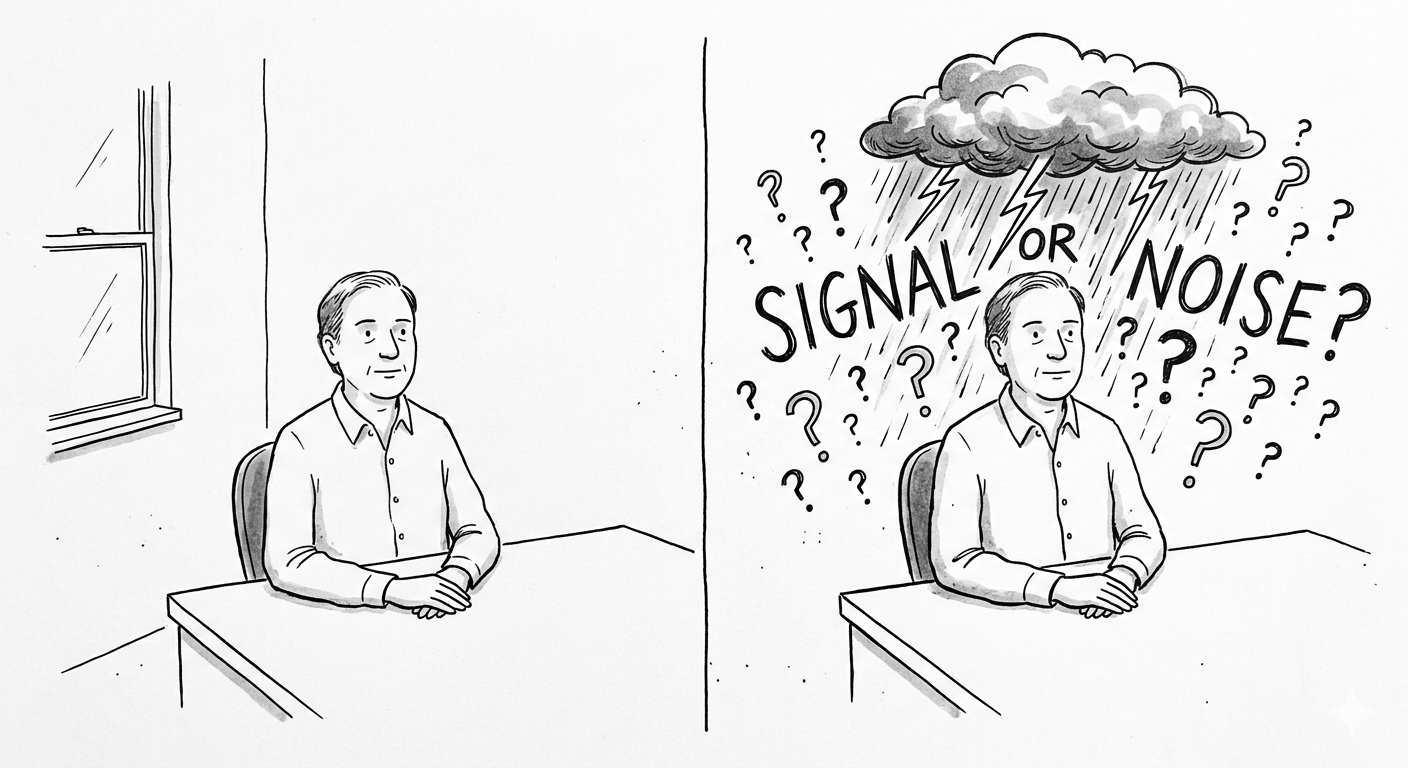 New Yorker-style cartoon split panel: left half shows a person at a desk with a calm, composed expression and hands folded; right half shows the same person with a storm cloud overhead, question marks everywhere, and the words SIGNAL OR NOISE? filling the air