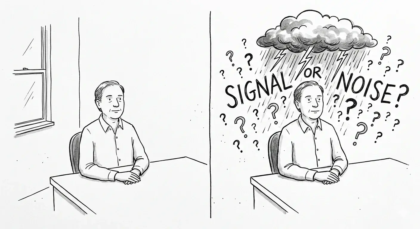 New Yorker style pen and ink cartoon in the style of James Thurber: loose wobbly lines, minimal detail, absurdist. a split panel: left half shows a person at a desk with a calm composed expression and hands folded; right half shows the same person with a storm cloud overhead, question marks everywhere, and the words SIGNAL OR NOISE? filling the air. Strict black and white line drawing only, no color.