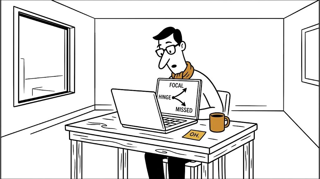 A person sits alone at a kitchen table in the early morning, laptop open to an exam debrief showing Best D and Worst C, coffee mug nearby, thought bubble showing A crossed out and D circled, handwritten annotations reading Where did I go wrong? Oh. There.