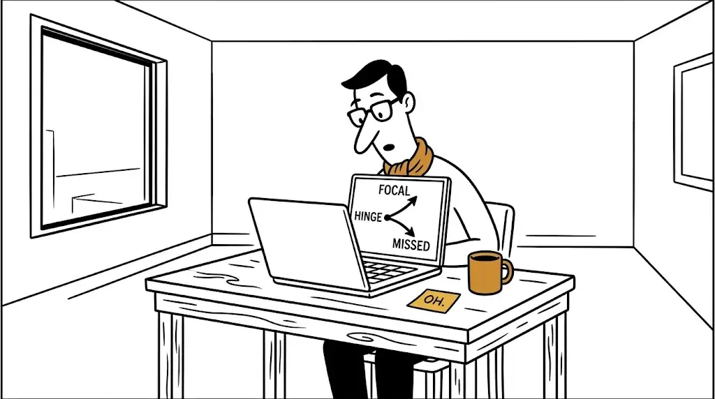 New Yorker style pen and ink cartoon in the style of Bruce Eric Kaplan: thin flat lines, existential domesticity. a person sits alone at a kitchen table in the early morning, laptop open to an exam debrief showing Best D and Worst C, coffee mug nearby, thought bubble showing A crossed out and D circled, handwritten annotations reading Where did I go wrong. Oh. There. Strict black and white line drawing only, no color.