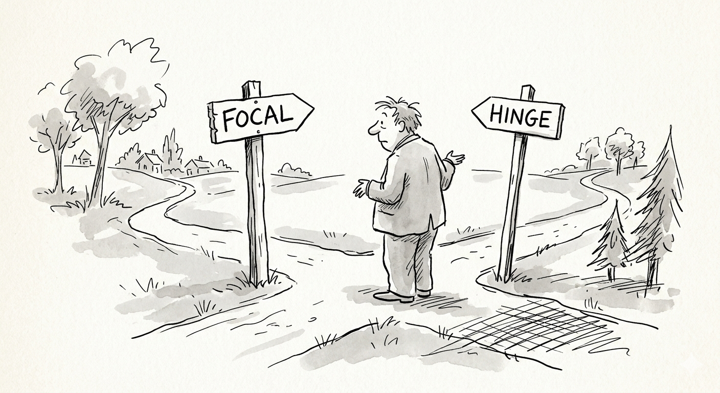 A figure at an exam desk whose pencil draws two forking paths, the left opening to a door labeled "FOCAL" and the right looping back labeled "HINGE