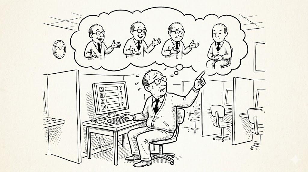 New Yorker-style cartoon of an exam candidate at a testing center computer pointing at a thought bubble showing four coach variants, where three are gesturing animatedly and the fourth sits silent with folded hands, illustrating that the exam-correct answer is almost always the quietest one