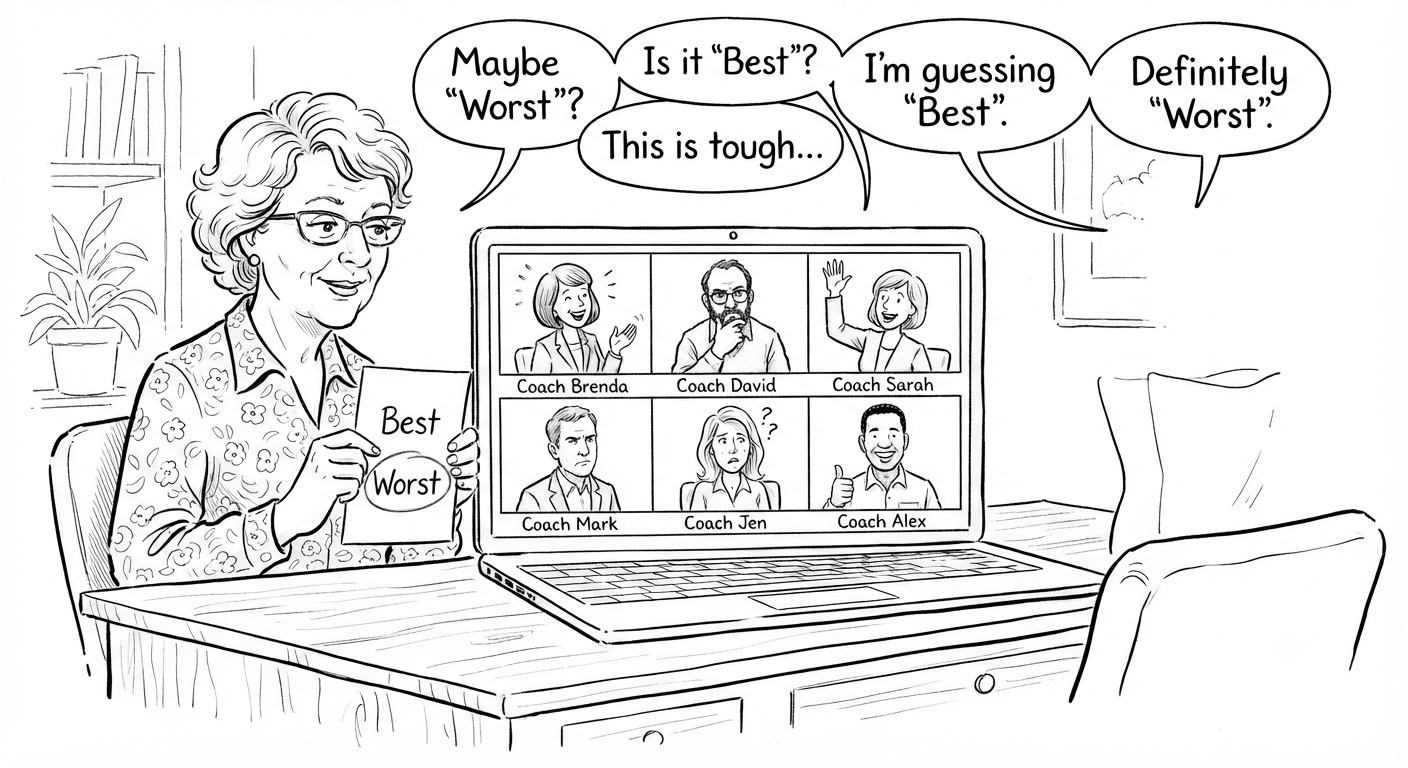 New Yorker style pen and ink cartoon in the style of Pat Byrnes: loose confident line, warm expressive faces. A grid of small video-call windows each showing a different coach nodding, thinking, or raising a hand, centered on a host figure holding up a card with Best and Worst circled, overlapping speech bubbles showing different guesses. Strict black and white line drawing only, no color.