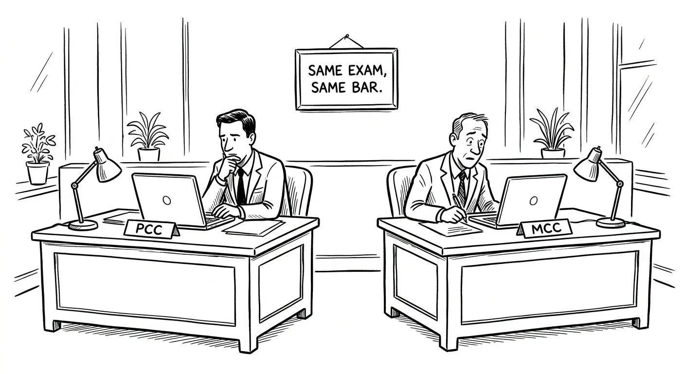 New Yorker style pen and ink cartoon in the style of Leo Cullum: clean bold gag-cartoon linework, wry executive settings. two exam candidates sit at identical desks with identical test screens, one nameplate reads PCC and the other MCC, while a small sign on the wall behind them reads SAME EXAM, SAME BAR. Strict black and white line drawing only, no color.