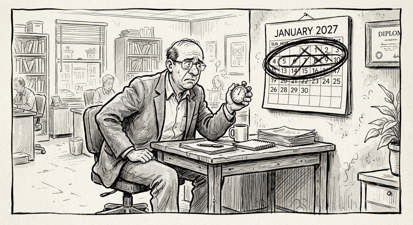 New Yorker style pen and ink cartoon in the style of William Steig: expressive faces, bold simple lines, emotional weight. a middle-aged mentor coach in business casual clothes sits at a small desk holding a stopwatch, looking at a wall calendar that shows January 2027 circled. Strict black and white line drawing only, no color.