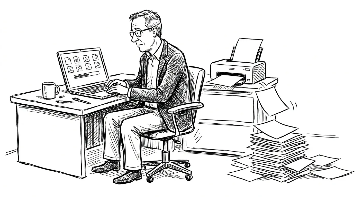 New Yorker style pen and ink cartoon in the style of Mort Gerberg: loose energetic scratchy pen line, urban wit. a coach sits at a desk searching a laptop for a downloadable PDF while a small printer behind them keeps ejecting one blank sheet after another into a growing pile on the floor. Strict black and white line drawing only, no color.