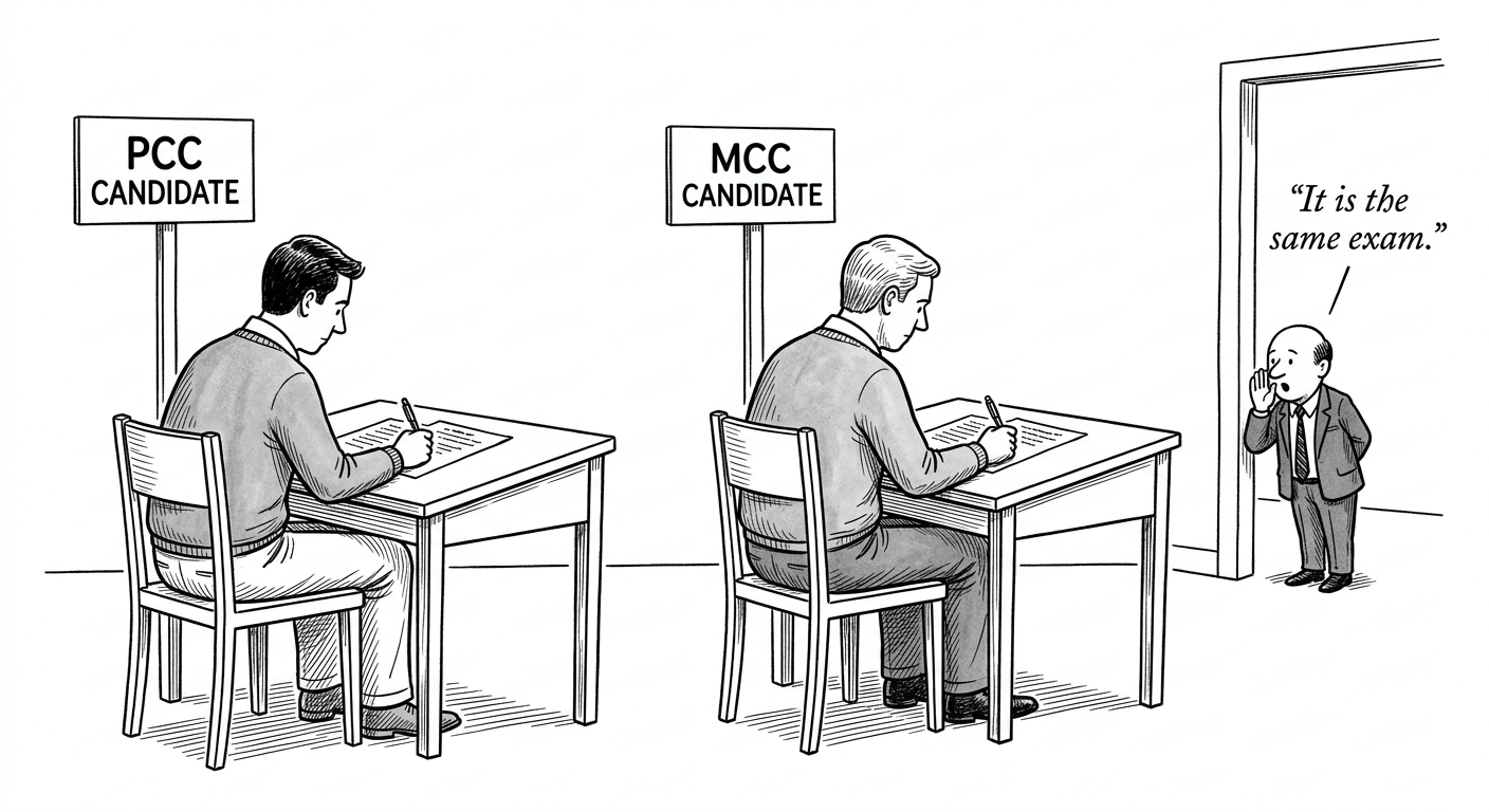 New Yorker-style cartoon of two coaches sitting at identical exam desks taking identical tests, one with a sign overhead reading PCC Candidate and the other MCC Candidate, while a tiny proctor whispers from the doorway it is the same exam