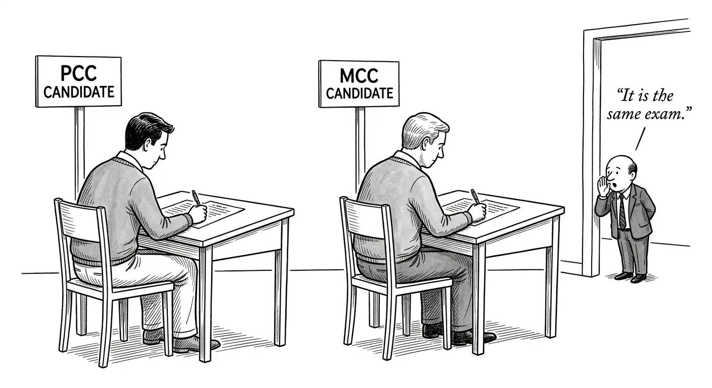 New Yorker style pen and ink cartoon in the style of Jason Adam Katzenstein: bold flat modern line. two coaches sitting at identical exam desks taking identical tests, one with a sign overhead reading PCC Candidate and the other MCC Candidate, while a small proctor whispers from the doorway that it is the same exam. Strict black and white line drawing only, no color.