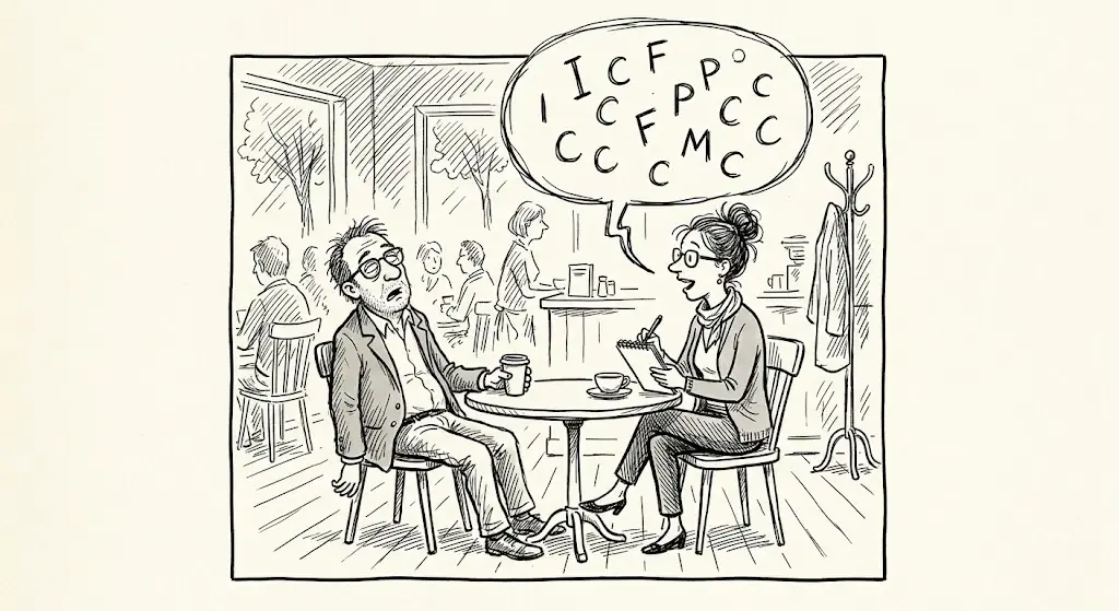 New Yorker style pen and ink cartoon in the style of Victoria Roberts: loose, sketchy, slightly wobbly ink lines, whimsical and idiosyncratic character poses, minimal but expressive faces, plenty of white space. A private client sits across a small cafe table from a coach, eyes rolled back and glazing over mid-conversation, while a speech bubble above the coach is stuffed full of loose floating letters spelling ICF, PCC, MCC. Strict black and white line drawing only, no color.