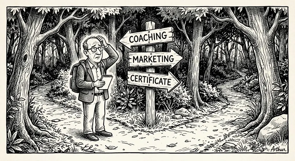 New Yorker style pen and ink cartoon in the style of Gahan Wilson: thick confident outlines, slightly exaggerated character features, dense small crosshatching for shadow, a whimsical dark edge without being grim. A coach in business casual clothes stands at a fork in a wooded path with three battered wooden signposts pointing in three different directions, labeled Coaching, Marketing, and Certificate, looking mildly overwhelmed rather than panicked. Strict black and white line drawing only, no color.