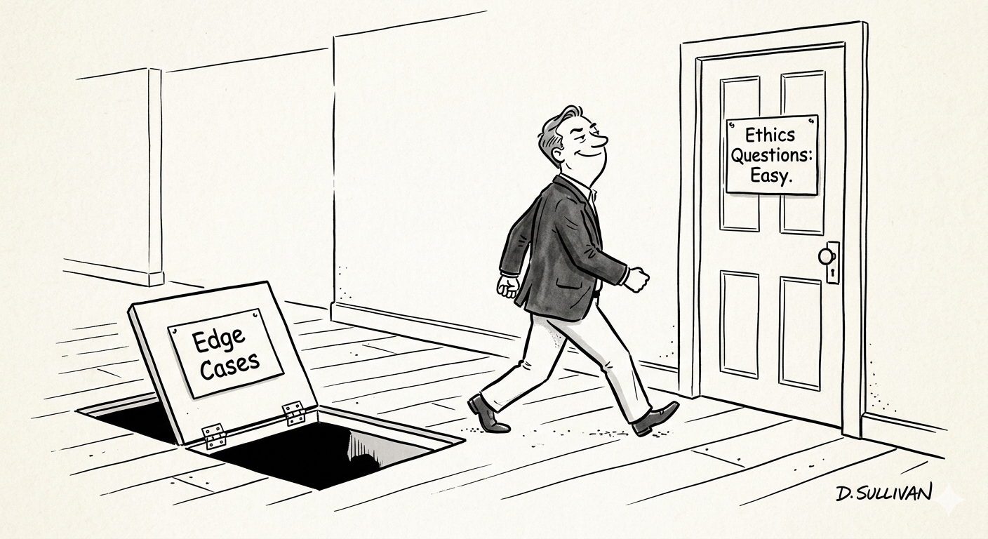 New Yorker-style cartoon of a coach staring at a multiple-choice exam with four answer bubbles, three of which are labeled with subtle shades of wrong and one clearly labeled worst, while the coach scratches their head trying to tell them apart