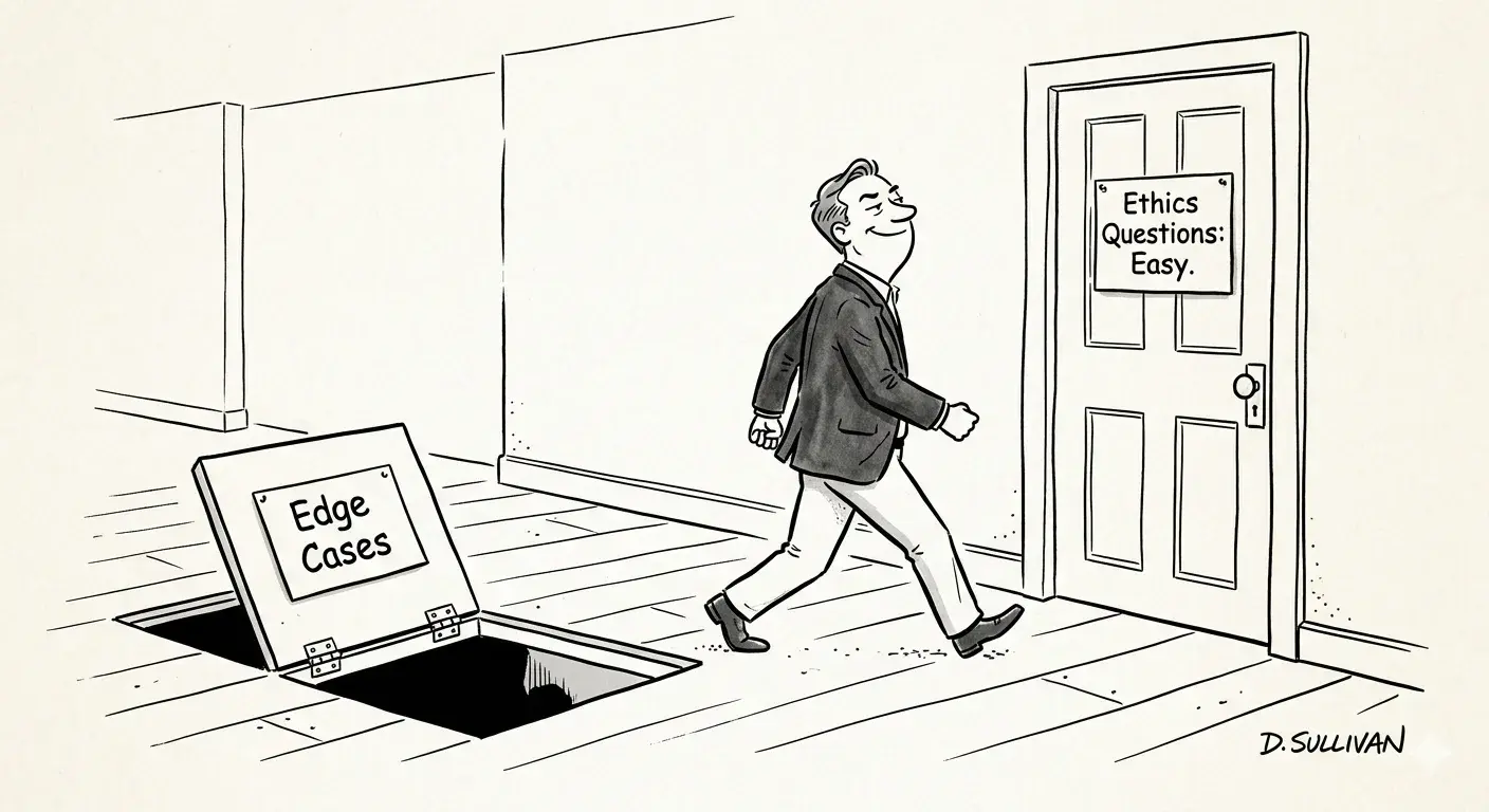 New Yorker style pen and ink cartoon in the style of Amy Hwang: soft watercolor line, gentle observational moment. a coach staring at a multiple-choice exam with four answer bubbles, three of which are labeled with subtle shades of wrong and one clearly labeled worst, while the coach scratches their head trying to tell them apart. Strict black and white line drawing only, no color.
