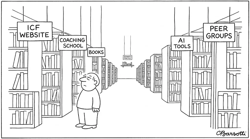 New Yorker style pen and ink cartoon in the style of Roz Chast: dense hand-lettered anxious labeling. a coach standing in a vast library where every aisle is labeled by hand with a different study option in wobbly capitals, sticky notes and arrows crammed onto the shelves, with a tiny shelf of scenario practice books at the back. Strict black and white line drawing only, no color.