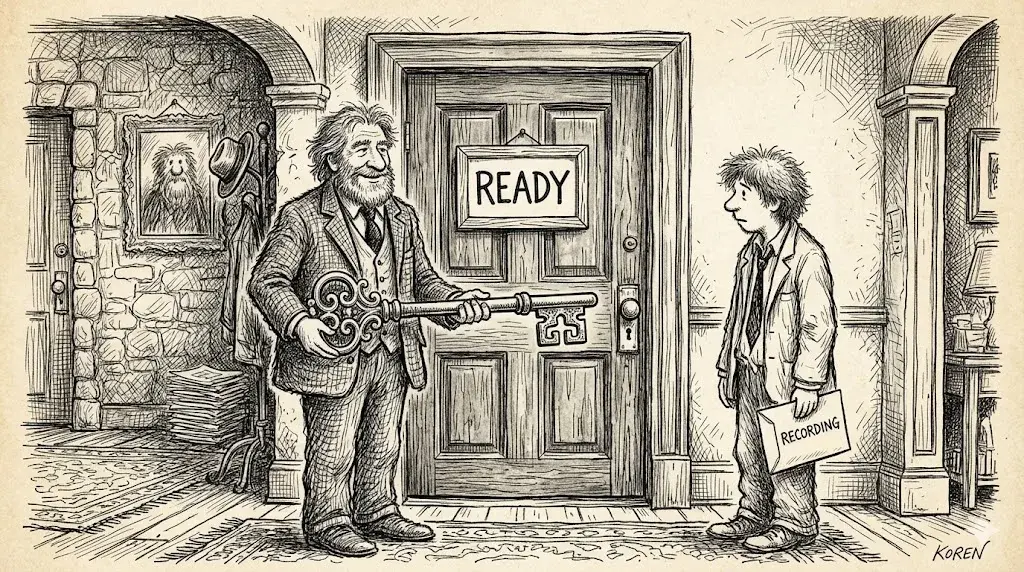 New Yorker style pen and ink cartoon in the style of Charles Addams: dark crosshatching, gothic atmosphere, deadpan. a mentor coach holding an oversized skeleton key stands before a door labeled READY while a candidate holds an envelope labeled RECORDING. Strict black and white line drawing only, no color.