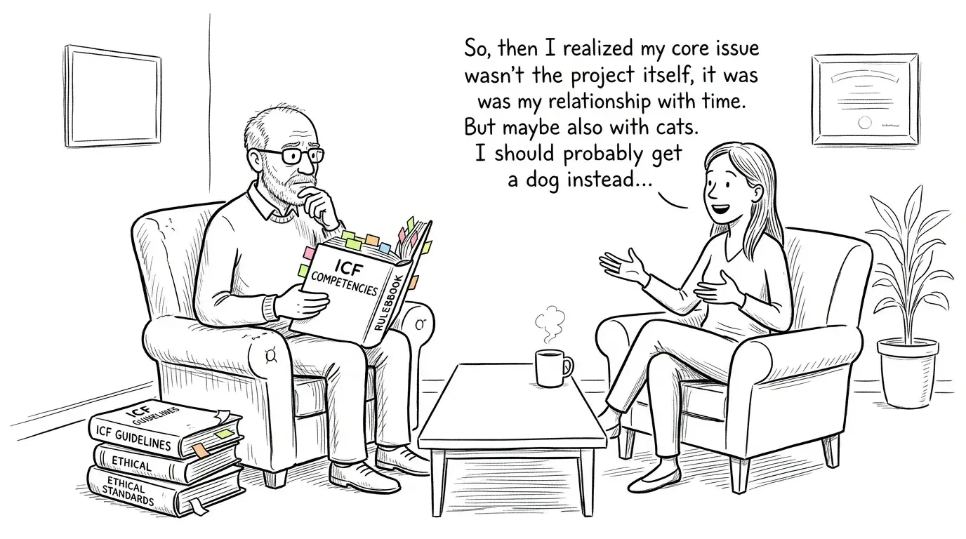 New Yorker style pen and ink cartoon in the style of Edward Koren: furry scratchy lines, woodland creatures in professional situations. a coach as a friendly furry creature at an exam desk, calmly working through a clipboard of scenarios with steady focus while a small ticking clock sits on the desk beside them. Strict black and white line drawing only, no color.
