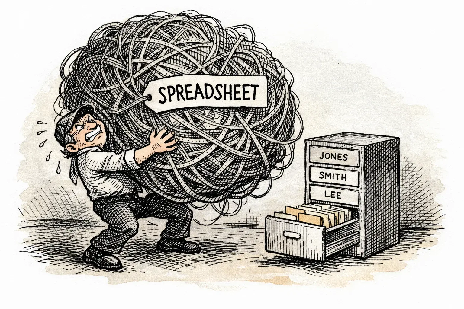 New Yorker style pen and ink cartoon in the style of Sam Gross: clean thick lines, absurd juxtaposition. a coach holding an enormous tangled ball of string labeled SPREADSHEET while a small neat filing cabinet sits open beside them, each drawer labeled with a client name. Strict black and white line drawing only, no color.