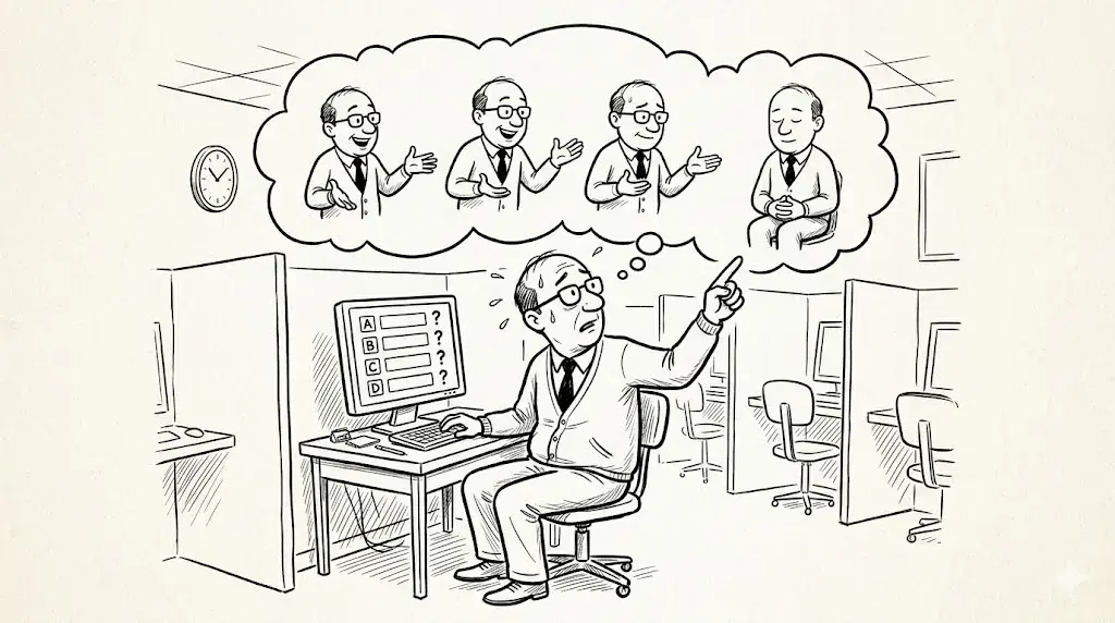 New Yorker style pen and ink cartoon in the style of George Booth: shaggy crosshatching, chaotic domestic contrast. an exam candidate at a testing center computer pointing at a thought bubble showing four coach variants, where three are gesturing animatedly and the fourth sits silent with folded hands, illustrating that the exam-correct answer is almost always the sparest one. Strict black and white line drawing only, no color.