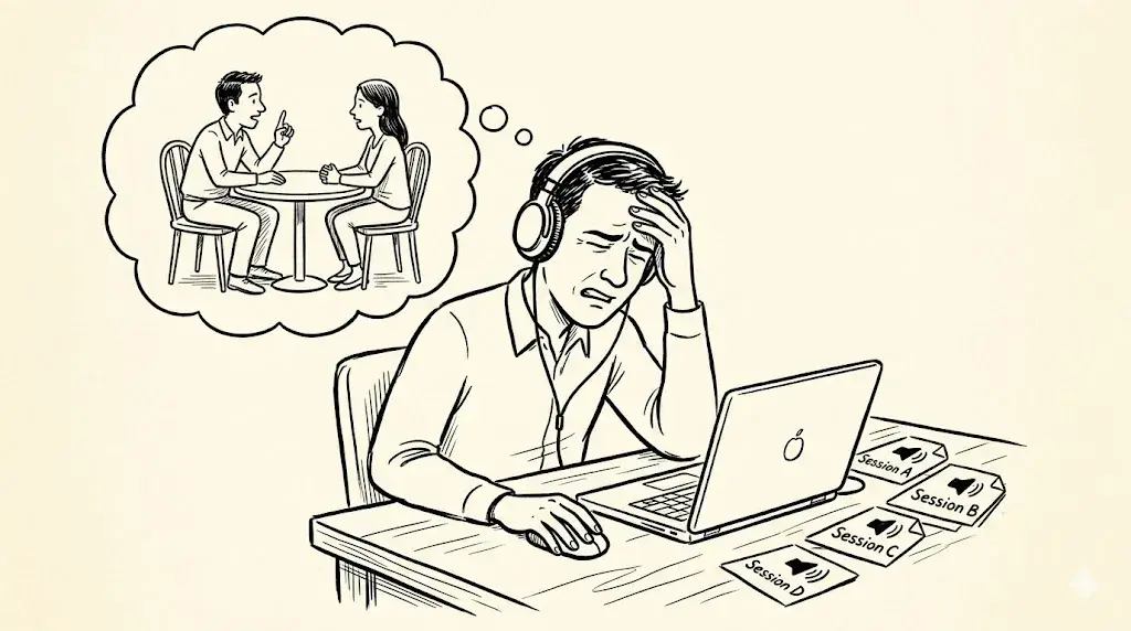 New Yorker style pen and ink cartoon in the style of Zach Kanin: minimalist blob figures with meta scene composition. a coach at a home-office desk wearing headphones, listening back to one of their own recorded sessions on a laptop, with audio file icons labeled Session A through D on the desk and a thought bubble showing their past self at a cafe table with a client, while the present coach winces at what they just heard themselves say. Strict black and white line drawing only, no color.