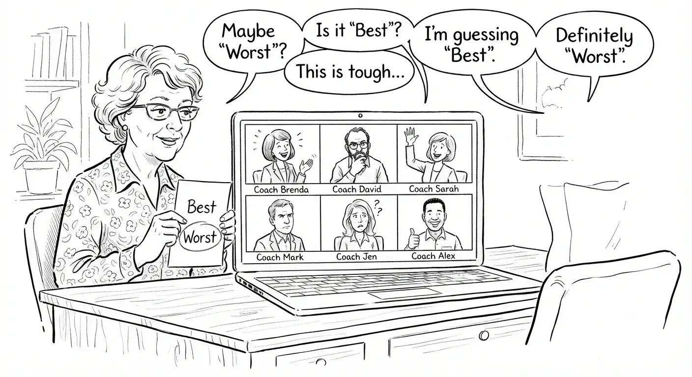 New Yorker style pen and ink cartoon in the style of Pat Byrnes: loose confident line, warm expressive faces. A grid of small video-call windows each showing a different coach nodding, thinking, or raising a hand, centered on a host figure holding up a card with Best and Worst circled, overlapping speech bubbles showing different guesses. Strict black and white line drawing only, no color.