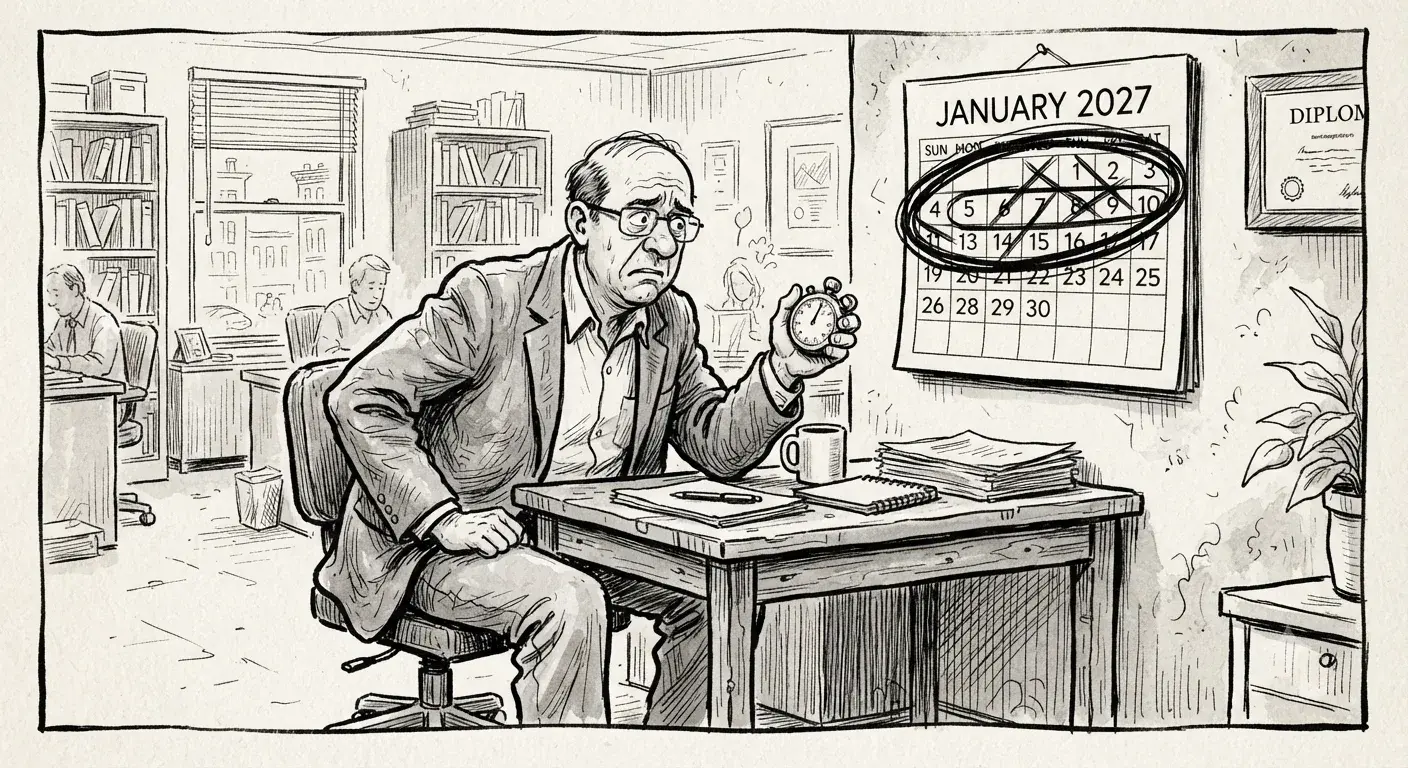 New Yorker style pen and ink cartoon in the style of William Steig: expressive faces, bold simple lines, emotional weight. a middle-aged mentor coach in business casual clothes sits at a small desk holding a stopwatch, looking at a wall calendar that shows January 2027 circled. Strict black and white line drawing only, no color.