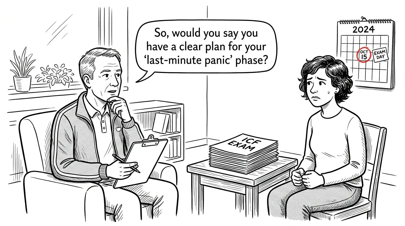 New Yorker style pen and ink cartoon in the style of Barbara Smaller: clean single-panel with a witty deadpan caption. a seasoned coach at an exam desk with a tiny figure on his shoulder representing 15 years of experience, pointing at a different answer than the ICF Competency Framework. Strict black and white line drawing only, no color.