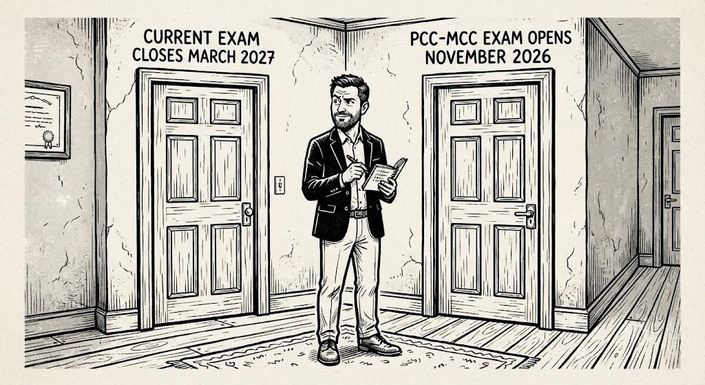 New Yorker style pen and ink cartoon in the style of Drew Dernavich: bold thick woodcut-style linocut lines, high contrast graphic shapes. a coach in business casual clothes stands at a fork in a hallway holding a calendar, one door marked CURRENT EXAM CLOSES MARCH 2027 and the other marked PCC-MCC EXAM OPENS NOVEMBER 2026, both doors drawn the same size and shape. Strict black and white line drawing only, no color.