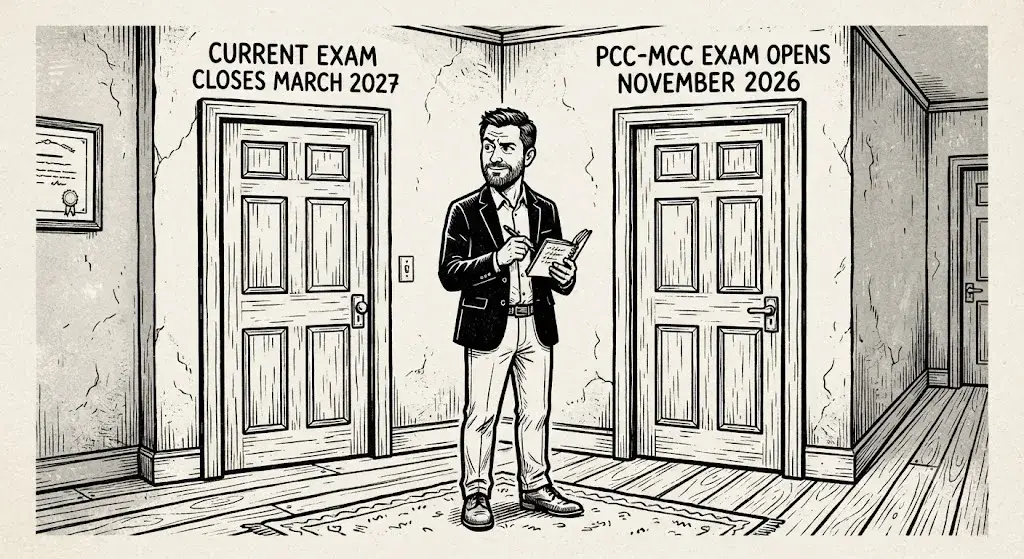 New Yorker style pen and ink cartoon in the style of Drew Dernavich: bold thick woodcut-style linocut lines, high contrast graphic shapes. a coach in business casual clothes stands at a fork in a hallway holding a calendar, one door marked CURRENT EXAM CLOSES MARCH 2027 and the other marked PCC-MCC EXAM OPENS NOVEMBER 2026, both doors drawn the same size and shape. Strict black and white line drawing only, no color.