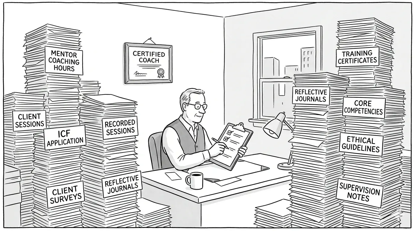 New Yorker style pen and ink cartoon in the style of Emily Flake: sketchy hand-drawn ink, professional but human. a coach at a small home office holding a checklist of PCC requirements, marking a few items complete and gesturing at a stack of session recordings on the desk with a look of tired resolve. Strict black and white line drawing only, no color.