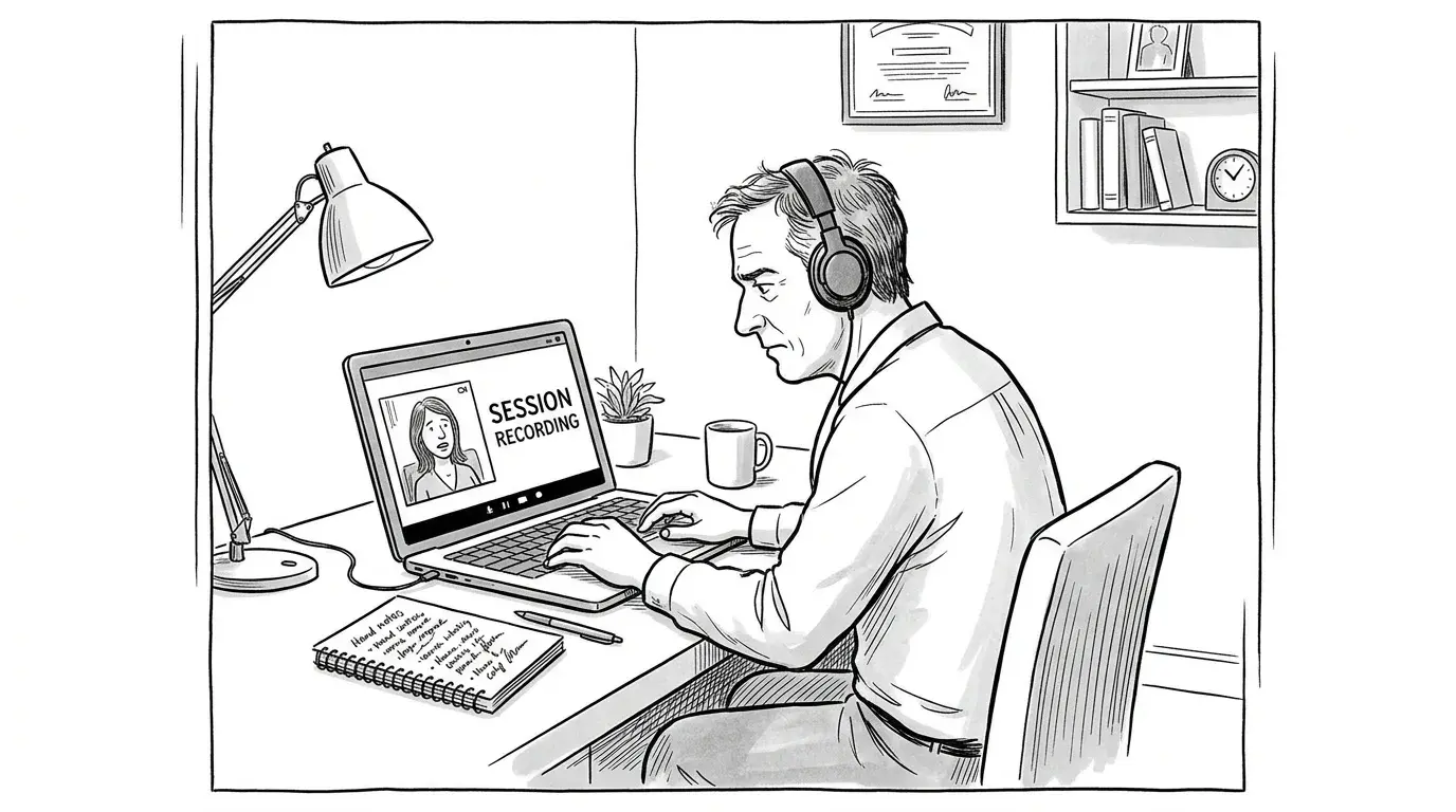 New Yorker style pen and ink cartoon in the style of David Sipress: thin ink lines, urban professional. a coach at a small desk playing back a recorded session on a laptop while a stern assessor peers over their shoulder holding a marker rubric, and a thought bubble shows the coach's past self asking one careful question. Strict black and white line drawing only, no color.