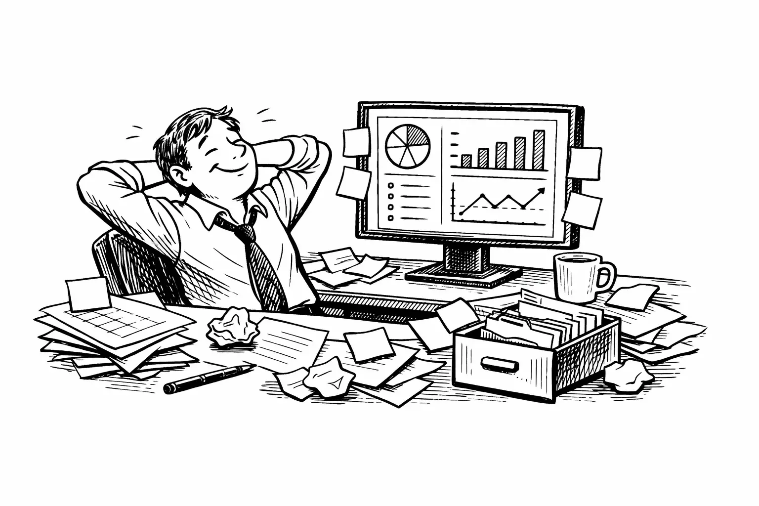 New Yorker style pen and ink cartoon in the style of Bob Mankoff: dashed crosshatching, contemporary caption cartoon. a coach sitting at a cluttered desk surrounded by sticky notes and spreadsheets, looking relieved as a tidy organized dashboard appears on the screen in front of them. Strict black and white line drawing only, no color.